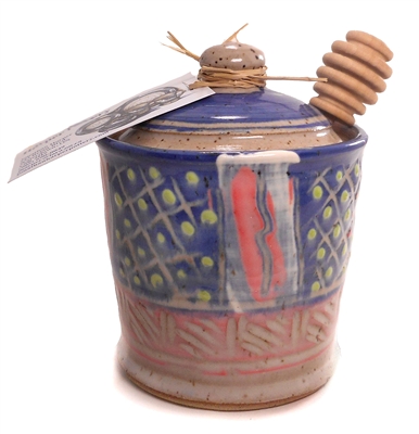 Ceramic Honey Pot - Blue with green dots