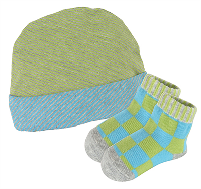 Striped Blue and Green Cap and Sock Set