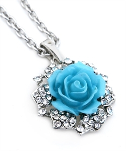 Silver Turquoise Flower with Rhinestone Pendant Necklace