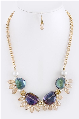 Floral Jewel-Pearl Necklace and Earrings