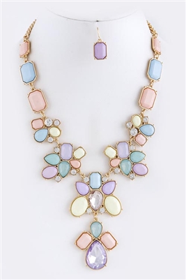 Multi Color Floral crystal fringe necklace set