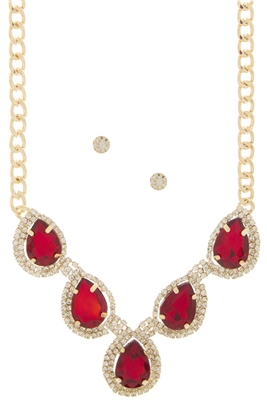 Faceted Red Stone with Rhinestone Necklace Set