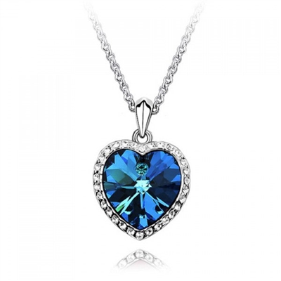 Blue Heart Necklace with Rhinestone Accents