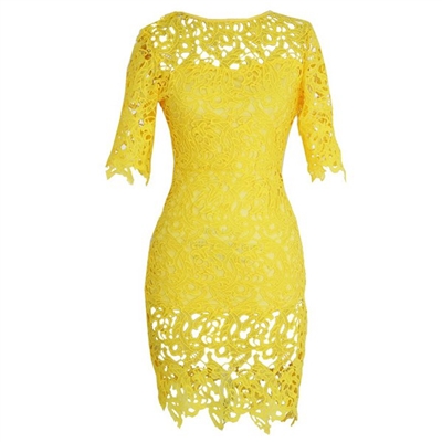 Yellow Round Neck 1/2 Sleeve Lace Dress