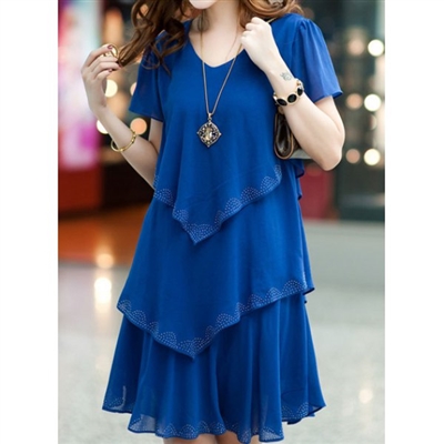 Blue V-Neck Short Sleeve Multi-Layered Dress