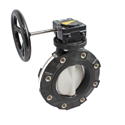6" BUTTERFLY VALVE WITH PVC BODY LUGGED POLYPROPYLENE DISC NITRILE LINER AND SEALS HANDWHEEL GEAR OPERATED FITTING