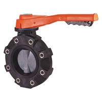 6" BUTTERFLY VALVE WITH PVC BODY LUGGED POLYPROPYLENE DISC NITRILE LINER AND SEALS HAND LEVER OPERATED FITTING