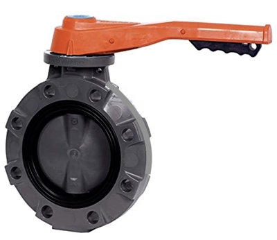 8" BUTTERFLY VALVE WITH PVC BODY POLYPROPYLENE DISC NITRILE LINER AND SEALS HAND LEVER OPERATED FITTING