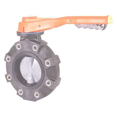 4" BUTTERFLY VALVE WITH CPVC BODY LUGGED CPVC DISC NITRILE LINER AND SEALS HAND LEVER OPERATED FITTING