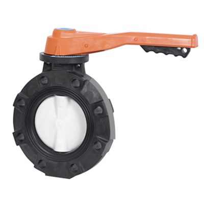 2" BUTTERFLY VALVE WITH GLASS FIBER POLYPROPYLENE BODY POLYPROPYLENE DISC EPDM LINER AND SEALS HAND LEVER OPERATED FITTING