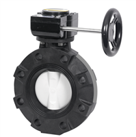 2" BUTTERFLY VALVE WITH GLASS FIBER POLYPROPYLENE BODY POLYPROPYLENE DISC NITRILE LINER AND SEALS HANDWHEEL GEAR OPERATED FITTING