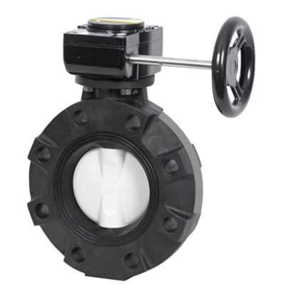 6" BUTTERFLY VALVE WITH GLASS FIBER POLYPROPYLENE BODY POLYPROPYLENE DISC NITRILE LINER AND SEALS HANDWHEEL GEAR OPERATED FITTING