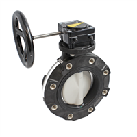 8" BUTTERFLY VALVE WITH GLASS FIBER POLYPROPYLENE BODY LUGGED POLYPROPYLENE DISC NITRILE LINER AND SEALS HANDWHEEL GEAR OPERATED FITTING