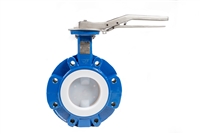 1" SWISS FLUID BUTTERFLY VALVE, PTFE LINED, WCB BODY, VITON ELASTOMER, PFA ENCAPSULATED DISC, LUG STYLE, LEVER