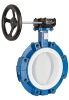 16" SWISS FLUID BUTTERFLY VALVE, PTFE LINED, WCB BODY, VITON ELASTOMER, PFA ENCAPSULATED DISC, LUG STYLE, GEAR OPERATOR