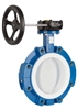 24" SWISS FLUID BUTTERFLY VALVE, PTFE LINED, WCB BODY, VITON ELASTOMER, PFA ENCAPSULATED DISC, LUG STYLE, GEAR OPERATO