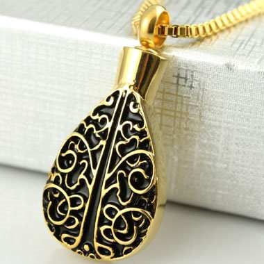 Large Gold Teardrop With Floral Tree Design Cremation Pendant (Chain Sold Separately)