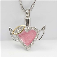 Pink Heart with Halo and Wings Cremation Jewelry Pendant (Chain Sold Separately)