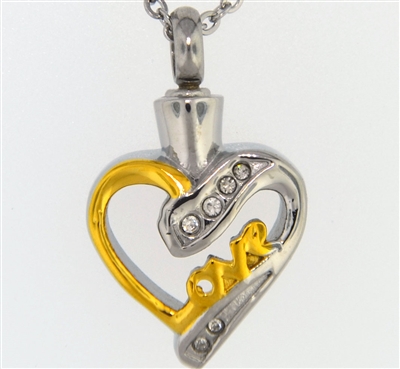 "Love" On Gold and Silver Heart Cremation Pendant (Chain Sold Separately)