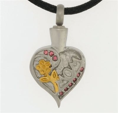 Mom Heart With Gold Flower and Pink Stones Cremation Pendant (Chain Sold Separately)