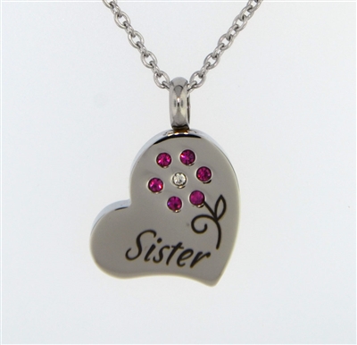 Sister With Pink Flower On Heart Cremation Pendant (Chain Sold Separately)