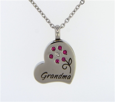 Grandma With Pink Flower On Heart Cremation Pendant (Chain Sold Separately)