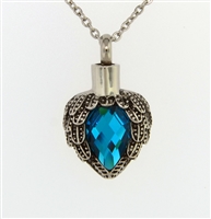 Angel Wings Wrapped Around Aquamarine Colored Stone Cremation Pendant (Chain Sold Separately)