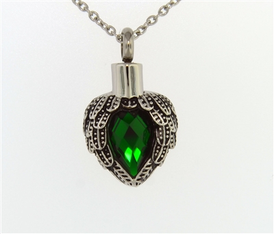 Angel Wings Wrapped Around Emerald Colored Stone Cremation Jewelry Pendant (Chain Sold Separately)