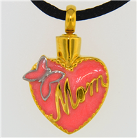 Pink and Gold Mom Heart With Butterfly Cremation Pendant (Chain Sold Separately)