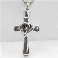 Heart With CZ On Cross Cremation Pendant (Chain Sold Separately)