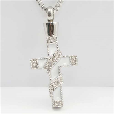 Ribbon Wrapped Around White Cross Cremation Pendant (Chain Sold Separately)