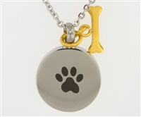 Paw Print On Round With Gold Bone Charm Cremation Pendant (Chain Sold Separately)