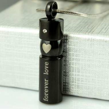 Black Cylinder With "Forever Love" and Heart Cremation Pendant (Chain Sold Separately)
