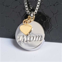 Round Mom With Gold Heart Charm Cremation Pendant (Chain Sold Separately)