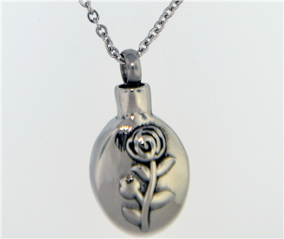 Simple Stainless Steel Rose On Oval Pendant Cremation Pendant (Chain Sold Separately)