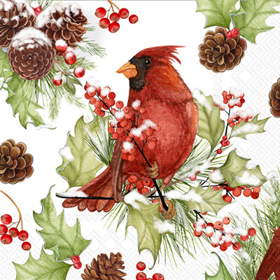 Cardinals In Holly Cocktail Napkin