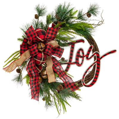 Joy Burlap Black/Red Plaid Wreath