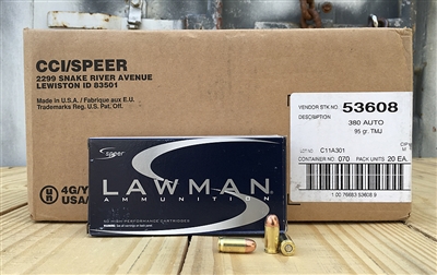SPEER 380 ACP LAWMAN 95gr TMJ 50rd BOX