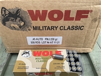 WOLF MILITARY CLASSIC 45 ACP 230gr FMJ 500rd CASE