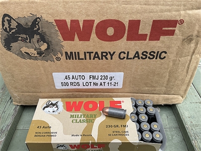 WOLF MILITARY CLASSIC 45 ACP 230gr FMJ 500rd CASE