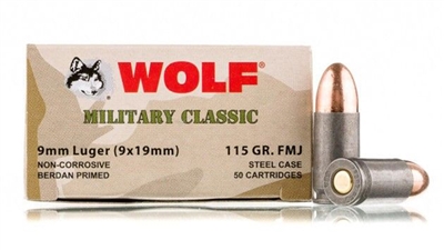 WOLF MILITARY CLASSIC 9mm 115gr FMJ 500rd CASE