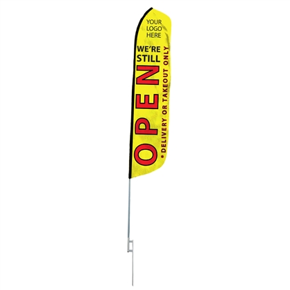 Advertising Fabric Flag With Ground Spike 16' OPEN FOR TAKEOUT AND DELIVERY