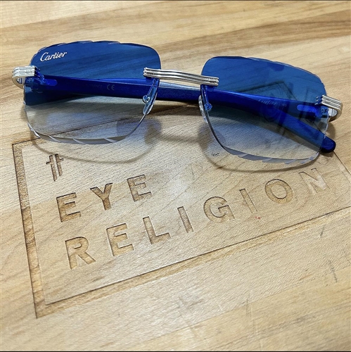 Cartier 0286 C Decor Wood Custom Sunglasses w/ Diamond Cuts Blue Gradient Lenses