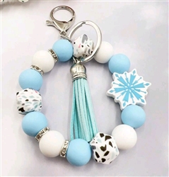 Chunky silicone beaded keychain bracelet with snowflake - light blue/white
