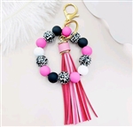 Chunky silicone beaded keychain bracelet with tassel - black/hot pink/white