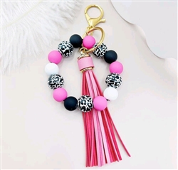 Chunky silicone beaded keychain bracelet with tassel - black/hot pink/white