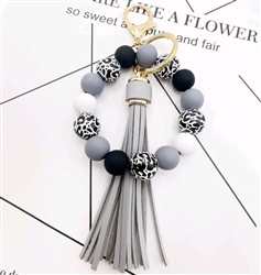 Chunky silicone beaded keychain bracelet with tassel - black/gray/white