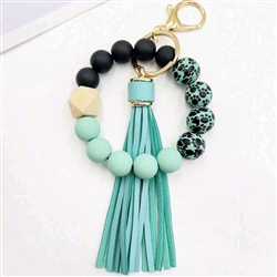 Chunky silicone beaded keychain bracelet with tassel - black/turquoise