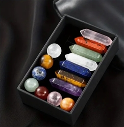 Chakra gift box includes round shaped genuine polished stones and 7 crystals