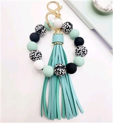 Chunky silicone beaded keychain bracelet with tassel - black/turquoise/white